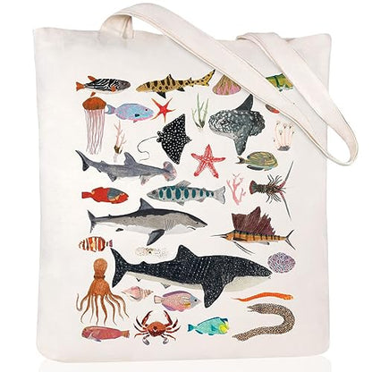 Canvas Aesthetic Tote Bag for Women with Inner Pocket Totes Shoulder Book Bag Shopping Reusable Grocery Bags - color: Sea Life Tote Bag