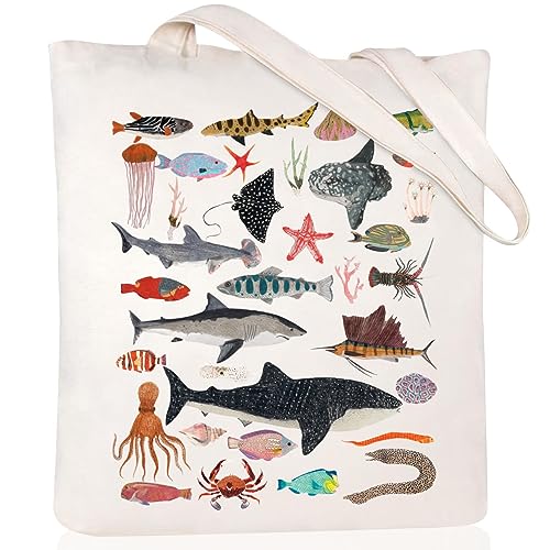 Canvas Aesthetic Tote Bag for Women with Inner Pocket Totes Shoulder Book Bag Shopping Reusable Grocery Bags - color: Sea Life Tote Bag