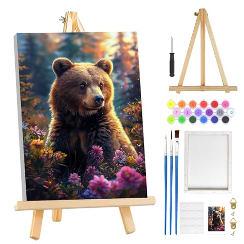 MOGTAA Bear Paint by Numbers Kit for Adults Beginners with Frame, Flowers Adult Paint by Number Kits on Canvas with Easel, Easy DIY Oil Painting Kits for Home Decor, 8x12in - color: Bear
