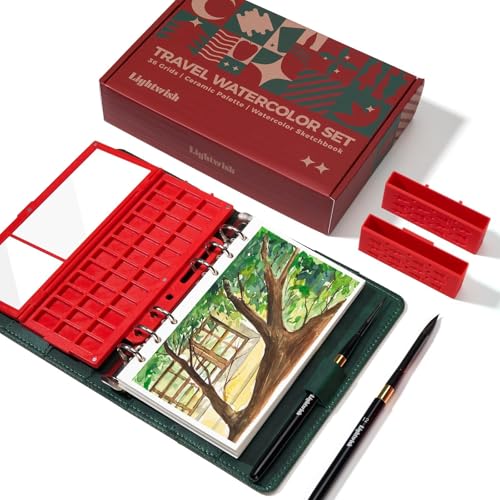 Portable Watercolor Sketchbook Set - 100% Cotton Hot Press 6.7x3.9 Inch Binder Art Journal with 36-Well Ceramic Paint Palette & 2 Travel Watercolor Brushes for Artists Outdoor Painting - color: Red & Green