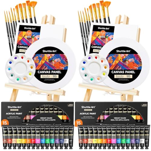 Shuttle Art 58 Pack Painting Kit for Adults and Couples, Sip and Paint Kit for Date Night and Crafts, with 2 Pack of 15 Colors Paint, 2 Wooden Easels, Canvas, Brushes & Palettes - size: 58 Pack