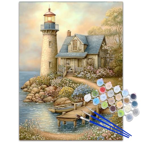 NAIMOER Lighthouse Paint by Numbers Kits for Adults Beginner, Color by Numbers on Canvas Painting Craft Kits for Adults Without Frame, Easy Paint DIY Acrylic for Home Wall Decor 12 X16 Inch - color: Lighthouse