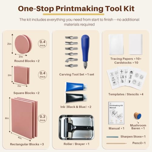 YIPLED 39-Piece Linoleum Carving Tools for Printmaking | Linocut Kit for Beginners – Stamp Carving Set with Lino Tools, Rubber Blocks, Inks & Manual for DIY Cards, Custom Stamp - color: kit-39
