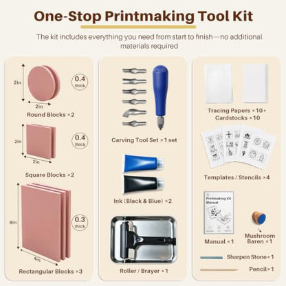 YIPLED 39-Piece Linoleum Carving Tools for Printmaking | Linocut Kit for Beginners – Stamp Carving Set with Lino Tools, Rubber Blocks, Inks & Manual for DIY Cards, Custom Stamp - color: kit-39