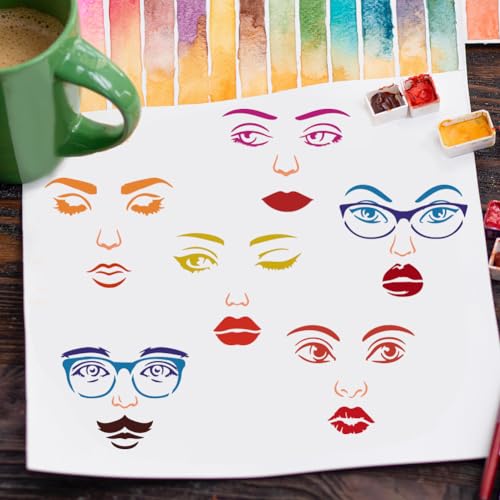 FINGERINSPIRE 4PCS Combination Facial Features Painting Stencil 11.8x11.8 inch Reusable Eyes Nose Eyebrows Lips Moustache Drawing Template Eyeglass Stencil for Painting on Wood Wall Fabric Furniture - color: Combination Facial Features