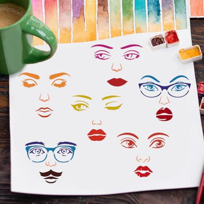 FINGERINSPIRE 4PCS Combination Facial Features Painting Stencil 11.8x11.8 inch Reusable Eyes Nose Eyebrows Lips Moustache Drawing Template Eyeglass Stencil for Painting on Wood Wall Fabric Furniture - color: Combination Facial Features