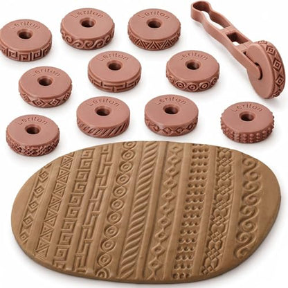 Leriton 11 Pcs Clay Texture Roller with Handle, 10 Patterns Texture Rollers for Clay, Pottery, Ceramics, 3D-Printed Polymer Tools for Home Decor DIY, Miniatures, Tabletop (Classic Style)