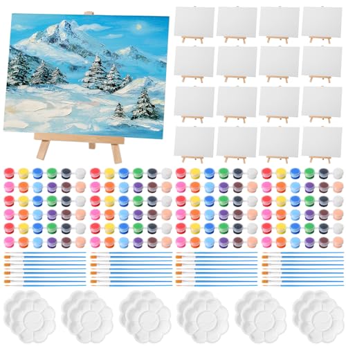 Qilery 24 Set 6 x 8 Inch Mini Canvas Boards and Easel for Painting, Acrylic Paint Strips, Palettes, Brushes, Canvases Painting Kits for Kids Adults Artists Beginners Oil Acrylic Painting Party Favors - size: 6" X 8"