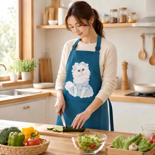 Unisex Cat Chef Apron, Adjustable Strap with Two Pockets | Thick waterproof fabric, machine washable. 27.5×31.5 in. Dual pockets for phones. Dual neck straps, long ties, cute cat print - color: Blue