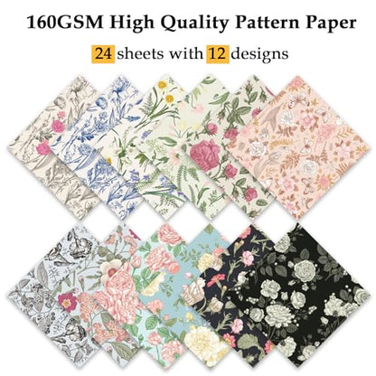 Scrapbook Paper, 24 Sheets 6"×6" 160gsm Single-Sided Patterned Cardstock - color: 24 sheets-flowers