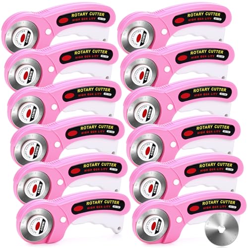 Lothee 12 Set 45mm Rotary Cutter for Fabric, Ergonomic Handle Rolling Cutter with Safety Lock for Fabric, Sewing, Quilting, Cloth, Paper, Leather, Arts Crafts Dressmaking(Pink) - color: Pink