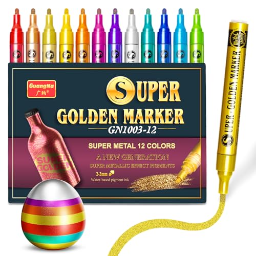 Redfun 12 Colors Metallic Acrylic Paint Markers, Super Golden Glitter Markers Painting Pen Sets for Black Paper, Scrapbook, Card Making, Rock, Glass, Wood, Fabric, Metal, Christmas DIY Crafts - color: 12 Colors