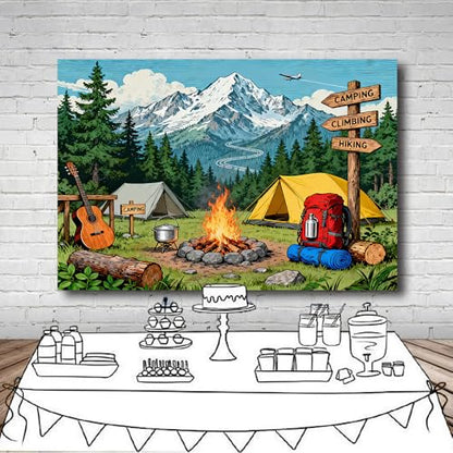 8x6FT Camping Backdrop Pine Tree Camping Equipment Bonfire Directional Sign Background for Outdoor Adventure Travel Holiday Themed Party Decoration Photo Shoot Props Vinyl - size: 8x6FT