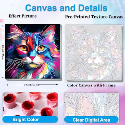 Artunion Framed Paint by Numbers Kit for Adults Beginners & Kids Ages 8-12,Colorful Cat Paint by Number with Frame,Easy Acrylic Paint by Numbers Kit on Canvas 10 * 10 Inch Without Easel - color: ZXT-182-F