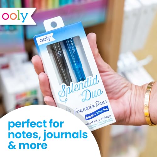 Ooly Splendid Duo Fountain Pens, Set of 2, Black & Blue | Ages 12+, Includes 4 Ink Cartridges, Fine Tip for Calligraphy and Writing, Fountain Pen School Supplies for Kids and Adults - style: Black & Blue Set (2 Pens, Catridges)