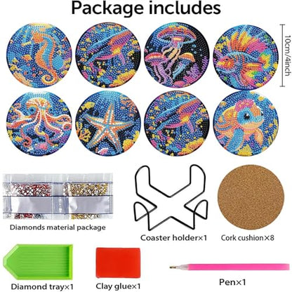 Mrnsiet 8PCS Diamond Art Coasters with Holder, DIY Ocean Animals Diamond Painting Coasters Kits for Adults, Non Slip Marine Animals Mosaic Dot Painting Coaster Gift Set for Beginners 4x4 Inch - color: BDWY330-US