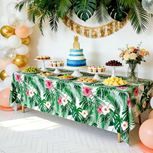 Kochorie 2 Pack Hawaii Palm Leaves Tablecloths, 54 x 108 Inch Tropical Luau Party Table Cover, Waterproof Disposable Plastic Tablecloth for Summer Birthday, Hawaiian Aloha Beach Party Decorations - style: Hawaii Palm Leaves