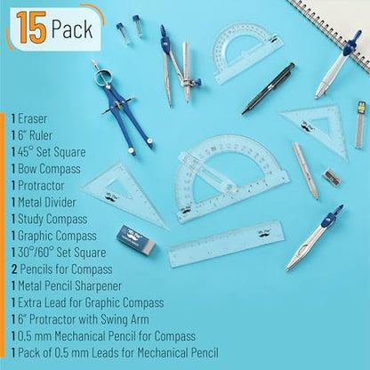 Mr. Pen- Geometry Set, 15 pcs, Navy Blue, 6 Inch Swing Arm Protractor - color: Navy Blue