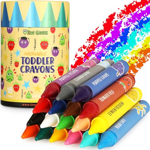 TinyGeeks Jumbo Crayons (18 Colors) – Non-Toxic, Washable Crayons for Toddlers and Kids (Ages 1-8) – Easy-to-Hold - Ideal for Travel, Art, and Learning