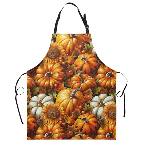 Fall Watercolor Pumpkins Aprons with Pockets Autumn Orange Sunflower Flowers Apron with Adjustable Neck Thanksgiving Day Harvest Farmhouse Chef Cooking Apron for Women Men Dinner Baking BBQ - color: Fall Pumpkin-b