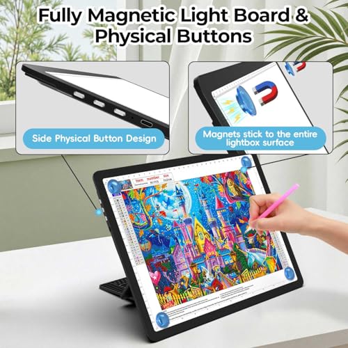 Heanolier Rechargeable A4 Light Board with Stand & Padded Case,7100Lux Bright Magnetic Light Pad with Side Buttons,Wireless Light Box for Tracing,LED Light Table for Diamond Painting,Sketching,Drawing - size: A4 with Stand & Padded Case