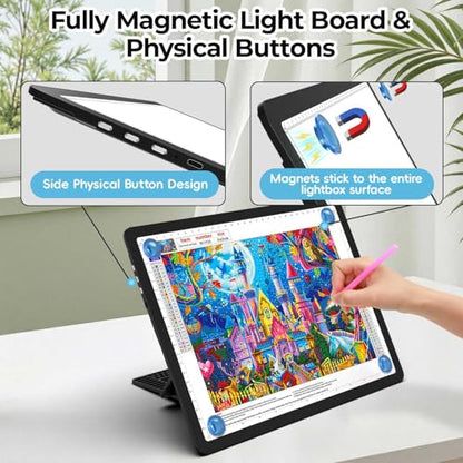 Heanolier Rechargeable A4 Light Board with Stand & Padded Case,7100Lux Bright Magnetic Light Pad with Side Buttons,Wireless Light Box for Tracing,LED Light Table for Diamond Painting,Sketching,Drawing - size: A4 with Stand & Padded Case