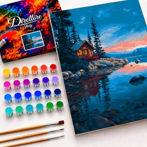 Direttore Italy Paint by Numbers Kit for Adults, Lake Cabin at Sunset, DIY Acrylic Painting Set on 16x20 Inch Framed Canvas, 24 Paints and 3 Brushes, Lakeside Wall Art Decor for Beginners - color: Lake Cabin