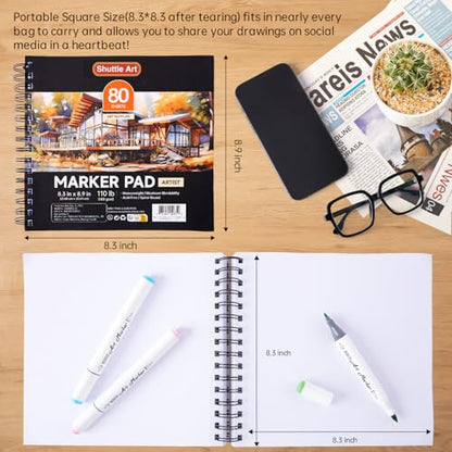 Shuttle Art Marker Pad, 8.3”x8.9” Portable Square Sketchbook, 80 Sheets Marker Drawing Paper, 110LB/180GSM Bleedproof Art Paper, Spiral-Bound, Great for Professional Artist to Draw, Paint & Sketch - size: 8.3x8.9 inch