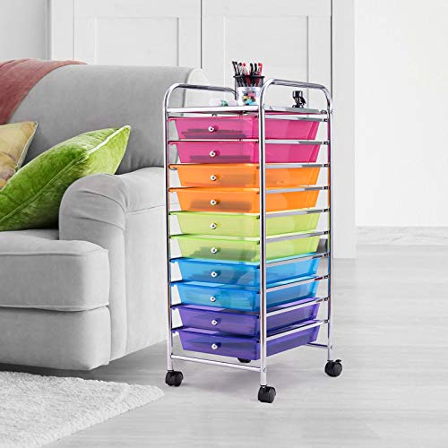 Happygrill 10-Drawer Storage Cart, Utility Cart with Removable Drawers & Metal Frame, Rolling Storage Cart with Lockable Wheels for Home, Office, Rainbow - color: Rainbow