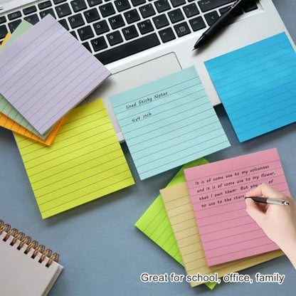 9 Pack Lined Sticky Notes with Lines 4x4 in, Large Self-Stick Note Pads | 9 Colors, Strong Adhesive, Big Rlued Memo Pads, 4x4 Sticky Notes Eeay Post for Office, School, Home Use - size: 4x4 in