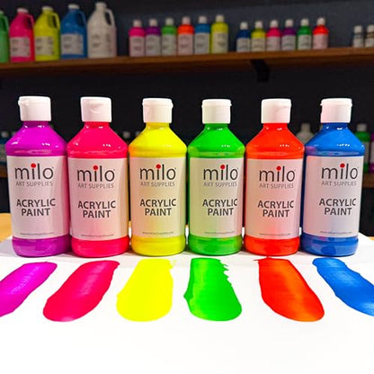 milo Fluorescent Acrylic Paint Set of 6 Colors | 8 oz Bottles | Student Neon Colors Acrylics Painting Pack | Glows UV in Black Light | Non-Toxic Arts & Crafts Paints for Artists & Hobby Painters | Made in USA | Glows in Black Light, AP Certified Non-Toxic