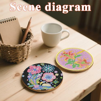 DOTSOPS 6 PCS Flowers Diamond Painting Coasters for Beginners with Holder - color: Eflowerc