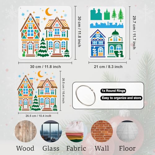 6Pcs Christmas House Stencils for Painting, Reusable Pine Tree Stencil Drawing Templates, House DIY Craft Paint Templates for Wall Home Decor Wood Burning Canvas Fabric Window - style: Christmas House