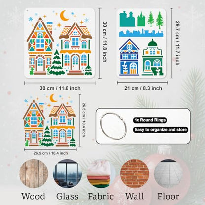 6Pcs Christmas House Stencils for Painting, Reusable Pine Tree Stencil Drawing Templates, House DIY Craft Paint Templates for Wall Home Decor Wood Burning Canvas Fabric Window - style: Christmas House