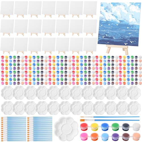 Qilery 24 Set 6 x 6 Inch Canvas Boards and Easel for Painting, Acrylic Paint Strips, Palettes, Brushes, Canvases Painting Kits for Kids Adults Artists Beginners Oil Acrylic Painting Party Favors - size: 6" X 6"