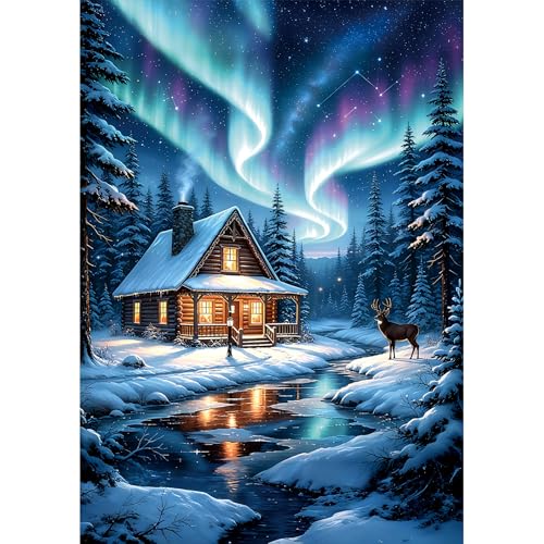 ZenPhyralis Aurora Borealis Diamond Painting Kit for Adults, Northern Lights Reindeer Log Cabin Winter Scene, 12x16 Full Drill Round Diamond Art, Cabin Wall Decor
