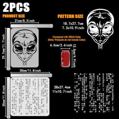 FINGERINSPIRE 2PCS Alien Stencil Set Reusable Alien Head & Alien Code Template for Painting on Wall, Wood, Canvas, Fabric Sci-Fi Theme DIY Art Stencils