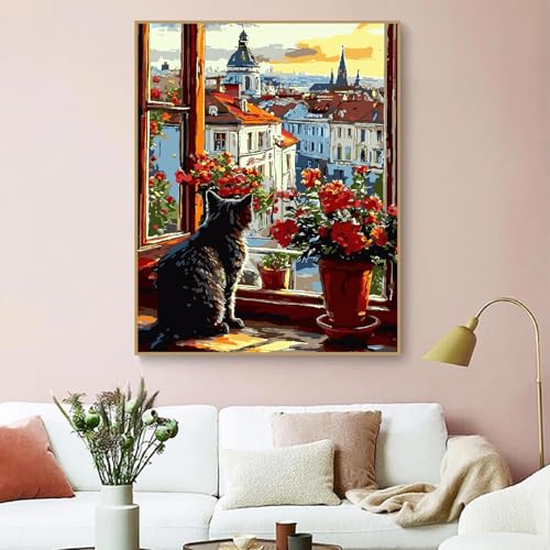 ZRIZQ Paint by Numbers Kit for Adults Beginner,Cityscape Cat,16x20 - color: 16"X20"Rolled Canvas(Frameless)-Cityscape Cat