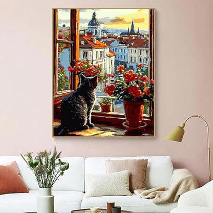 ZRIZQ Paint by Numbers Kit for Adults Beginner,Cityscape Cat,16x20 - color: 16"X20"Rolled Canvas(Frameless)-Cityscape Cat