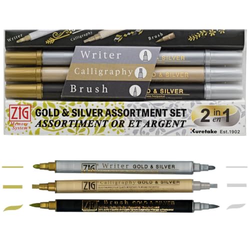 Kuretake Pen Marker Gold Silver Twin Marker Set MS/3VGS, Christmas card, Brush Lettering, Illustration, card making, Writing, Made in Japan
