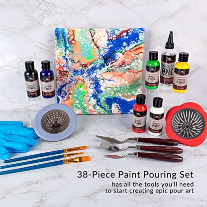WA Portman Artist Acrylic Painting Kit 38pc Complete Fluid Art Painting Kit | 38pc Acrylic Pouring Paint Set, 6 Bottles of Ready Pour Pre-mixed Paint Kit for Adult & Kids Paint Pouring Kits, Artist Set