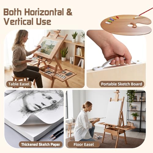 Beech Wood H-Frame Easel for Painting with Tray & Drawer, Natural | Heavy-duty Floor Adjustable Height & Angle Studio Art Easel Stand, Holds 30"-50" Canvas, Foldable Painting Easel for Adults - color: Natural