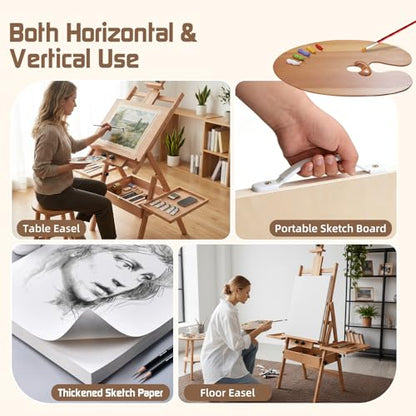 Beech Wood H-Frame Easel for Painting with Tray & Drawer, Natural | Heavy-duty Floor Adjustable Height & Angle Studio Art Easel Stand, Holds 30"-50" Canvas, Foldable Painting Easel for Adults - color: Natural