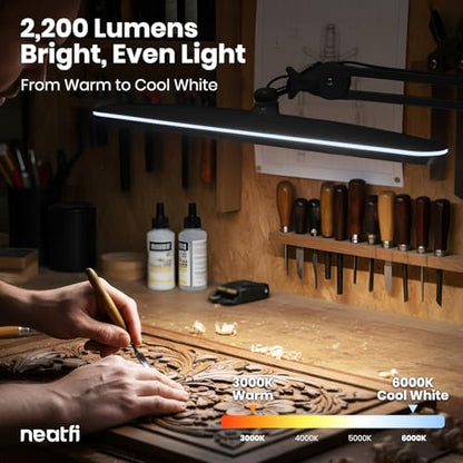 Neatfi XL 2,200 Lumens 20W LED Task Lamp – 23” Ultra-Wide Head | 182 SMD LEDs | 4 Brightness Levels | 3 Light Modes | Eye-Caring, Glare-Free | Adjustable Arm (Black, CCT with Clamp) - color: Black