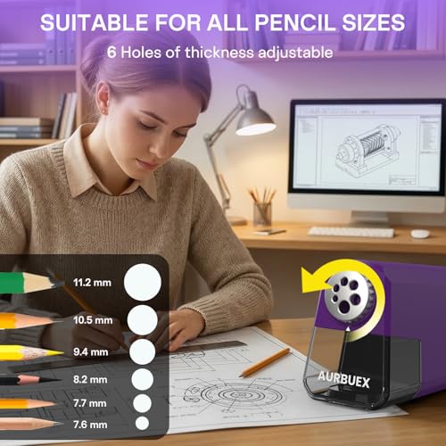Heavy Duty Electric Pencil Sharpener-6-Hole for 6-12mm Pencils,Auto Start/Stop,Fast 4s Sharpening,Zinc Alloy Blade,10,000+ Sharpenings-Ideal for Classroom,Office & Art Use,Purple(S260) - color: Purple