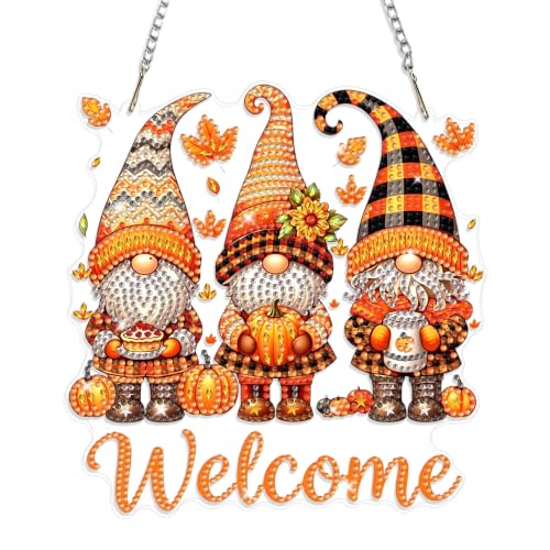 Fall Gnome Diamond Art Hanging Ornaments Kits for Adults, Thanksgiving Diamond Painting Pendant Kits, DIY Acrylic 5D Special Shaped Crystal Gem Art Painting Ornament for Home Decor 8x8 Inch - color: AS100