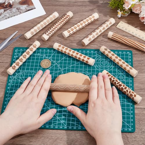 NBEADS 10 Pcs 10 Styles Clay Texture Rollers, Ceramics Potters Stamp Roller Tools Textured Rolling Pins for Slab Building Sculpting Handmade Craft Art DIY Design, 4.37x0.63 inch