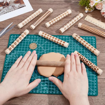 NBEADS 10 Pcs 10 Styles Clay Texture Rollers, Ceramics Potters Stamp Roller Tools Textured Rolling Pins for Slab Building Sculpting Handmade Craft Art DIY Design, 4.37x0.63 inch
