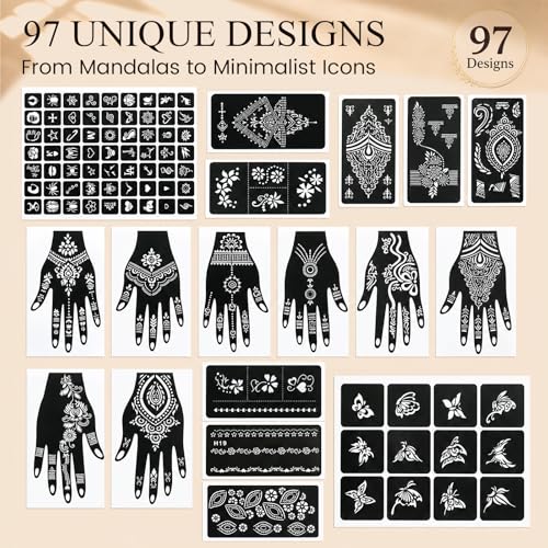 Koogel 18 Sheets 97PCS Henna Tattoo Stencil Kit, Reusable Mehndi Templates | for Bridal Mehndi & Music Festivals — Indian Wedding, Bachelorette Party, Summer Body Art, Women Girls Kids - color: Black1