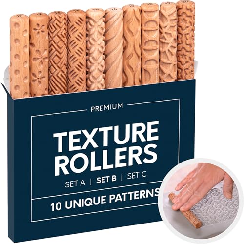 Byllstore Clay Texture Rollers | 10-Pack | 5 in x 0.65 in | Premium Wooden Pottery Tools | Set B - color: 10-Pack | 5" x 0.65" | SET B